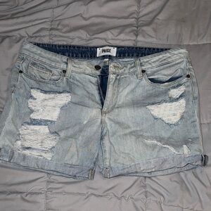 PAIGE Blue Distressed Jean Shorts Relaxed Fit